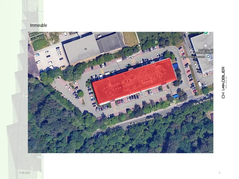 Large parking lot, office building, greenery, roads, marked area for a new building