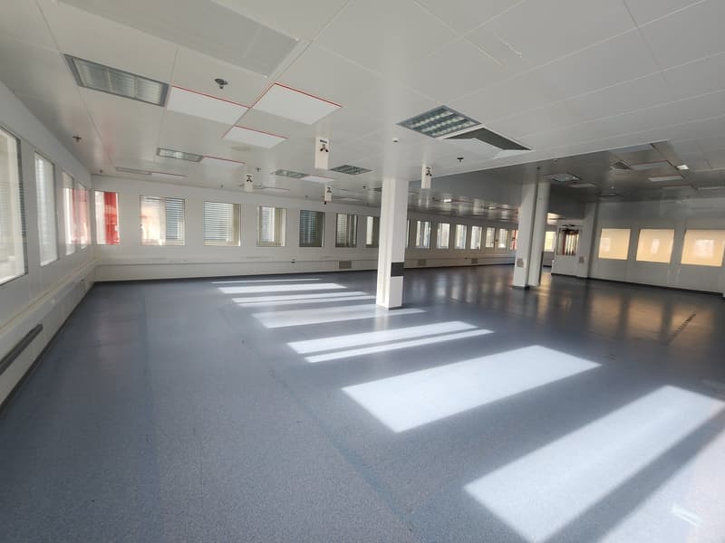 large open room, white ceiling, fluorescent lights, gray floor, windows on walls
