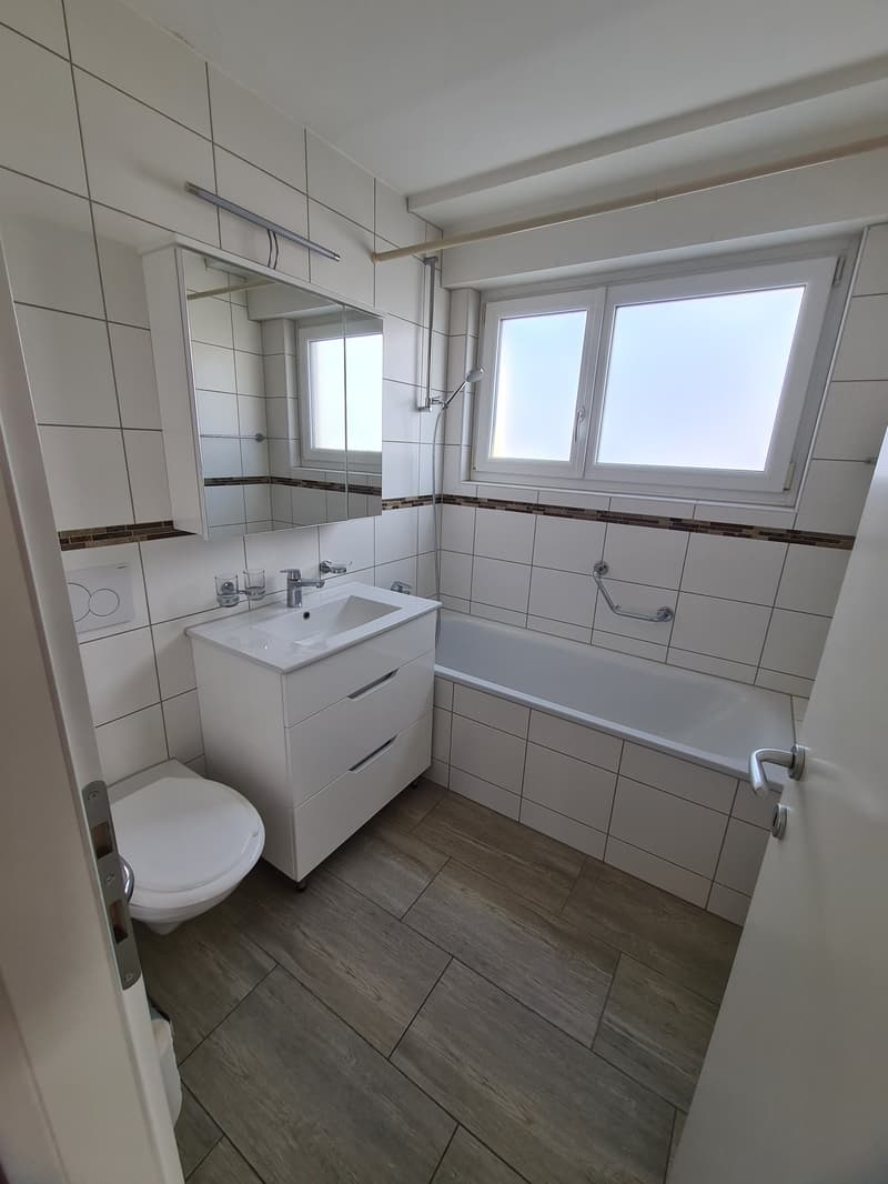 Bathroom with white tiles, wooden floor, white sink, white toilet, bathtub, mirror, and shower