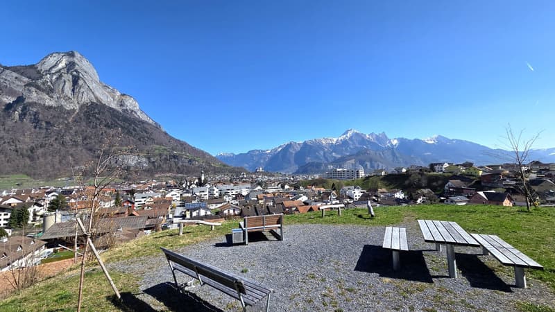 Benches, picnic tables, grassy area, town view, mountains