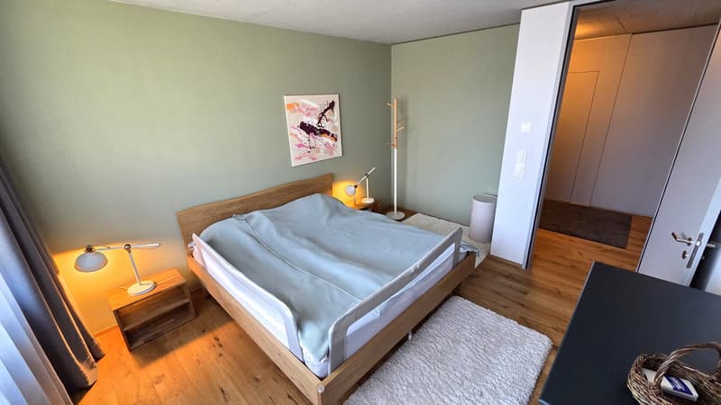 bedroom with wooden bed, nightstands, lamps, rug, painting, closet