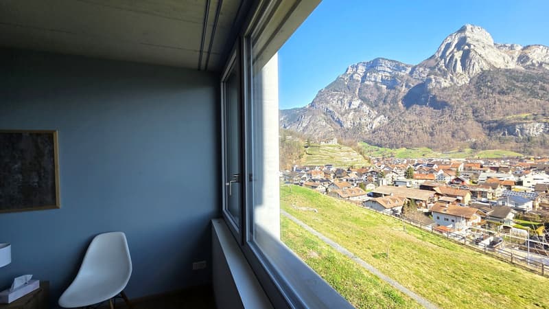 large window, view of mountains and village, white chair, tissue box, picture frame