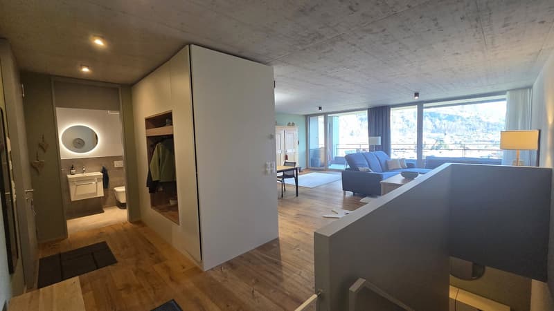 Entrance hall with wooden floor, white walls, large windows, a toilet, a sink, a mirror, a cabinet, a couch, a table, a lamp, and a view of the outside