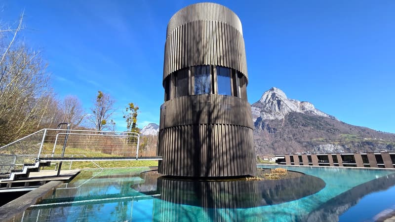 pool, tower, mountains, trees