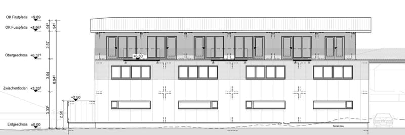 The image shows a floor plan or elevation drawing of a multi-unit building. It appears to have multiple floors, with the ground floor labeled as 'Erdgeschoss' (ground floor) and the upper floors labeled as 'Zwischenboden' (mezzanine) and 'Obergeschoss' (u