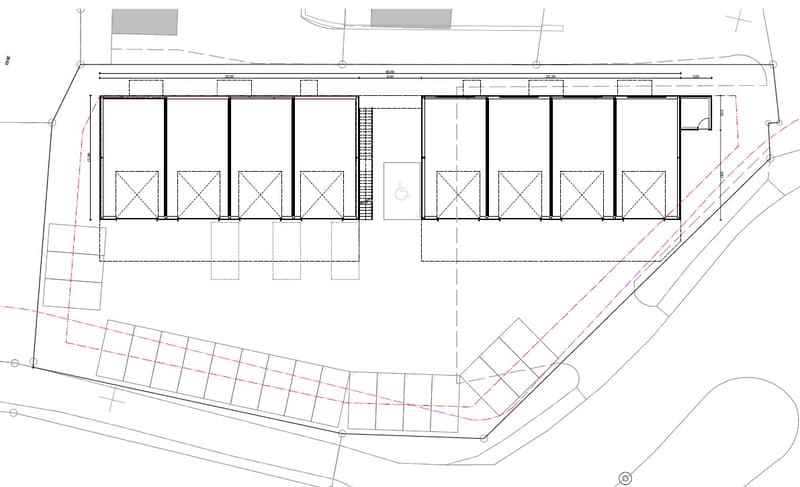 The image shows a floor plan with 4 units. Each unit has a garage or parking space. The layout includes a central hallway or corridor connecting the units.