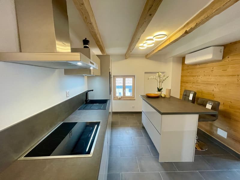 modern kitchen with induction cooktop, under cabinet lighting, double sink, window, wood-paneled wall, central air conditioning unit