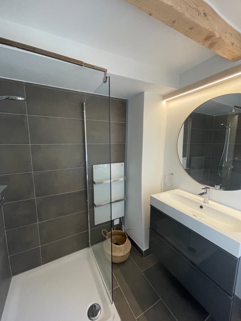 Modern shower, large round mirror, sink, round basket, grey tiled floor