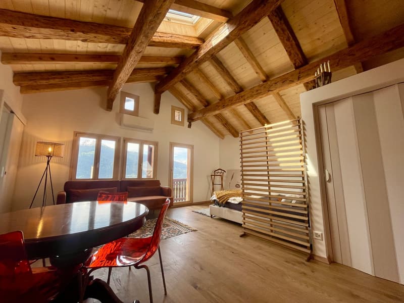 Open plan living and dining area with a view of the mountains, wooden beams on the ceiling, carpet on the floor, couch, table, red chairs, wooden slat wall, windows, wooden door