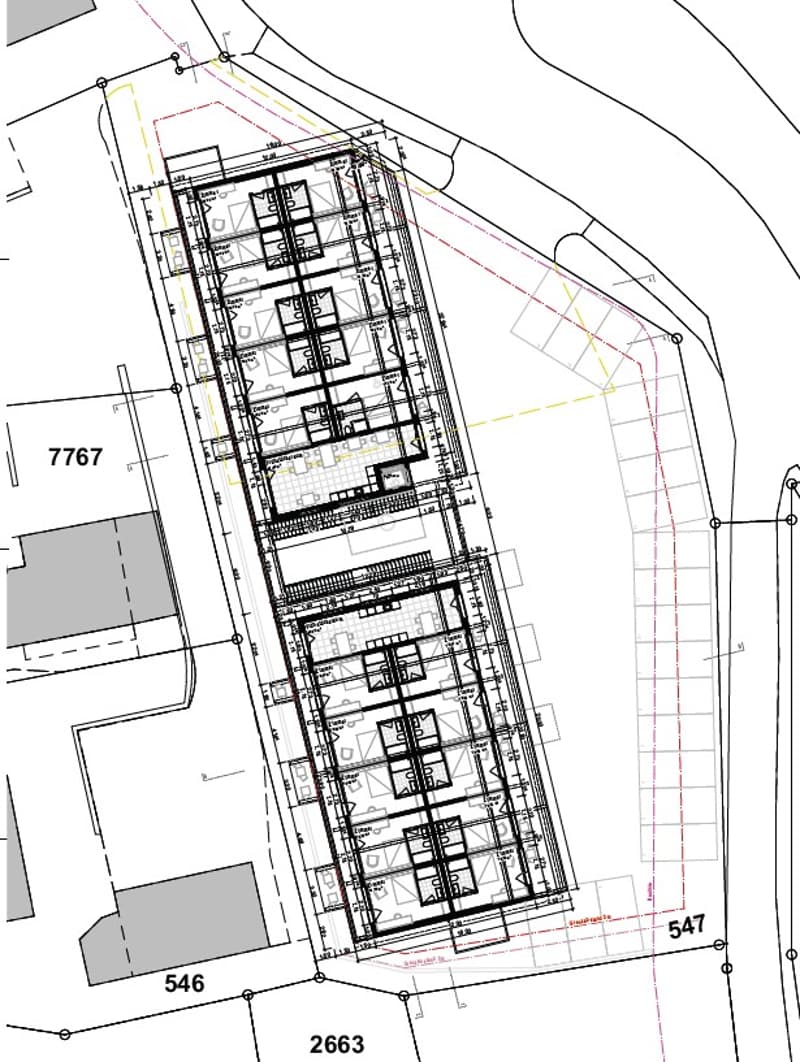 Multi-story building, multiple units, balcony/terrace spaces, raised ground floor for some units