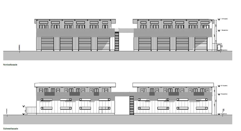 Ground floor building with several garages and basement storage, staircases to the upper floors