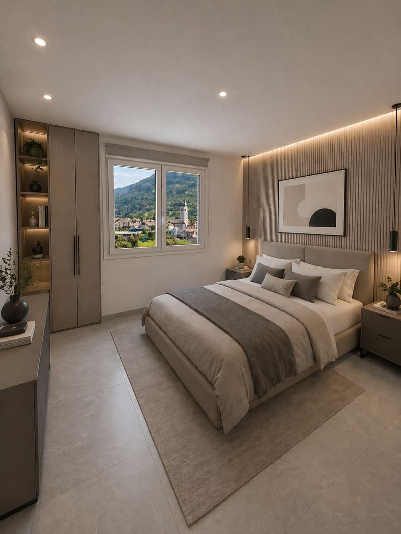 modern bedroom with large window, bed, nightstands, rug, wardrobe, plants, picture frame