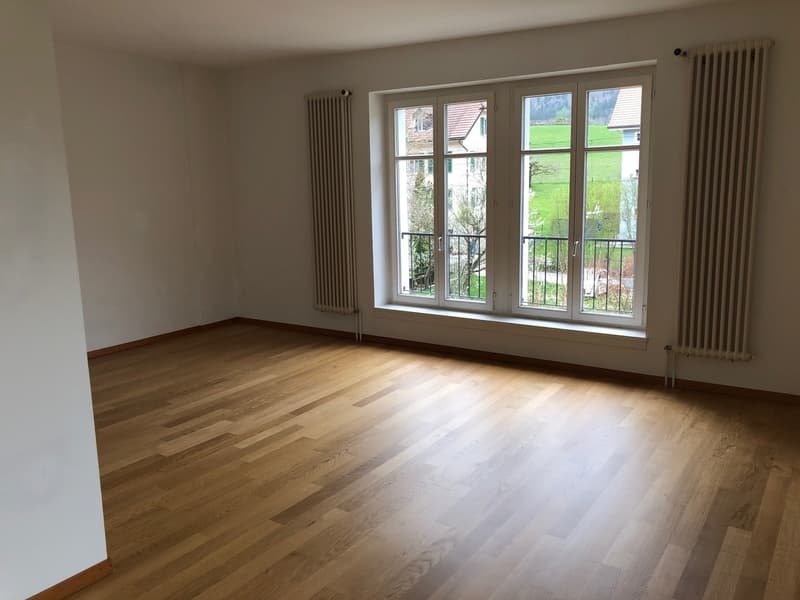 empty room, wooden floor, white walls, large window with balcony, radiators