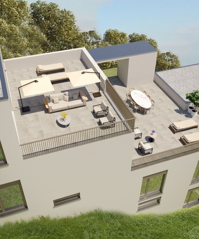 Roof terrace, lounge furniture, dining table, shade umbrellas, metal railings