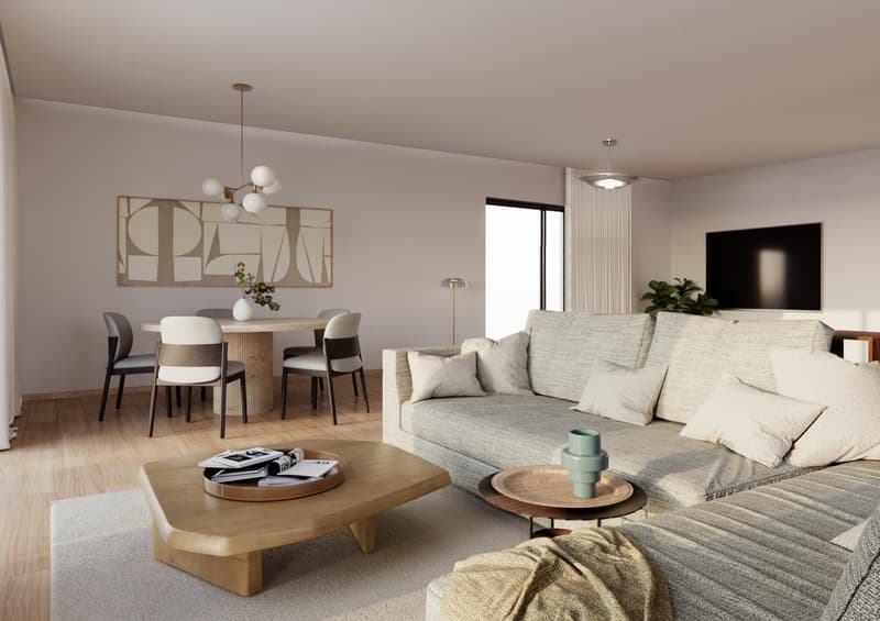 Modern open living and dining area, with a gray sofa, round wooden coffee table, dining table, TV, decorative elements, and a rug
