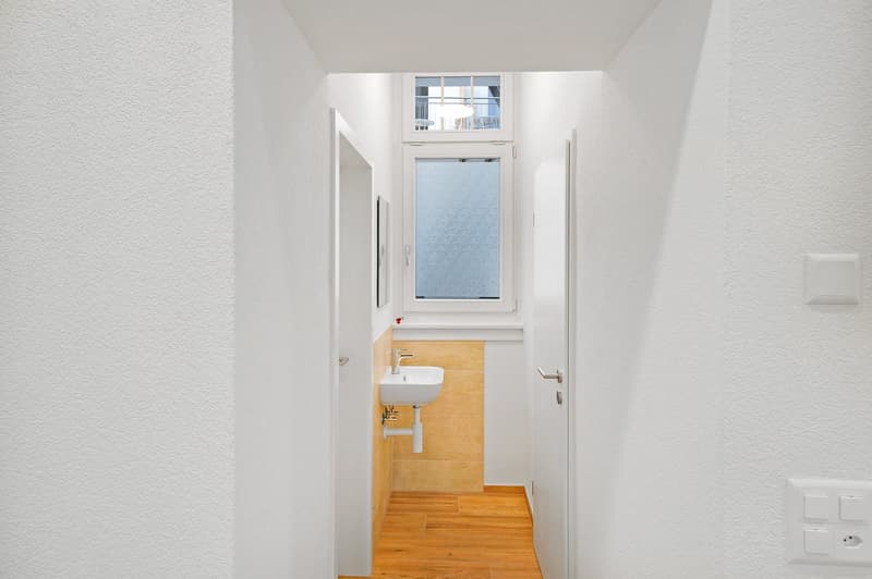A narrow hallway with white walls, wooden floor, a small sink with a faucet, and a window with a balcony view.