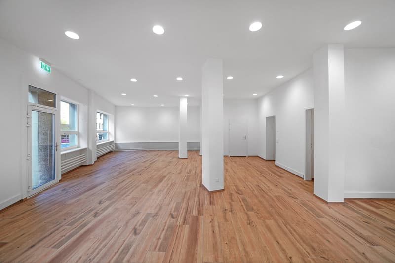 Empty room with white walls, wooden floor, glass door, windows, and ceiling lights