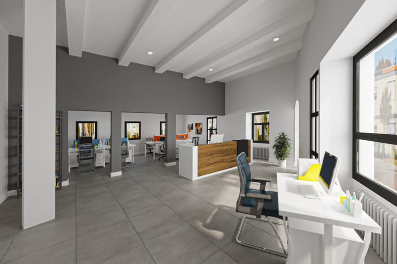 modern office space, white walls, gray flooring, white desks, wooden reception desk, large windows, office chairs, computer monitors, potted plant, radiator