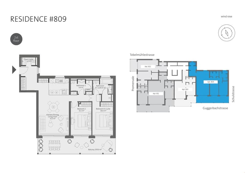 The floor plan shows a 2-bedroom apartment with an open kitchen/living room, two bathrooms, and a balcony.