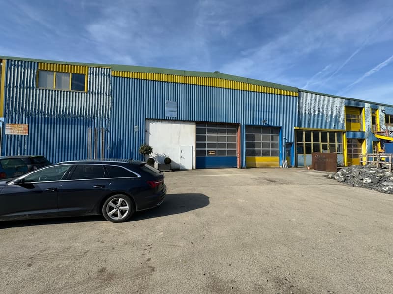 Large industrial building with double garage doors, large windows, plants, and cars parked