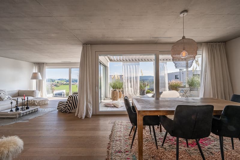 Open plan living and dining area with large windows, wooden floor, dining table, chairs, rug, couch, lamp, and a balcony with a view of the landscape.
