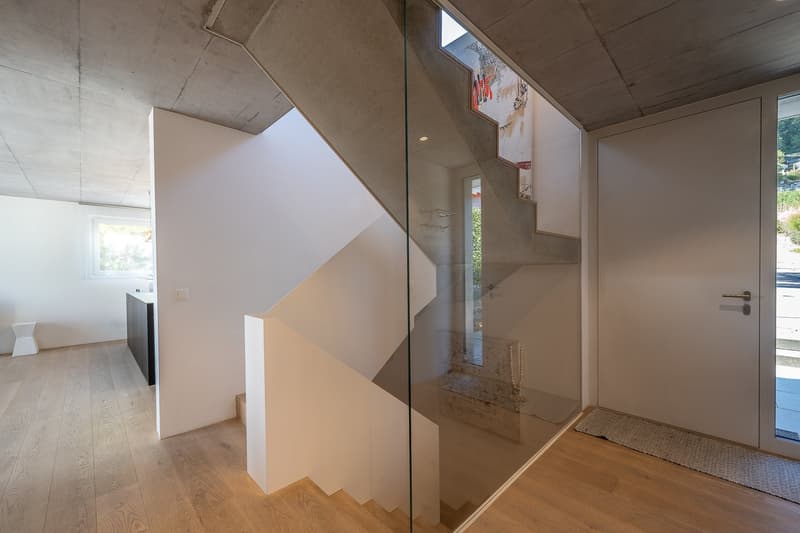 modern interior, wooden floor, white walls, glass staircase, glass wall, white door