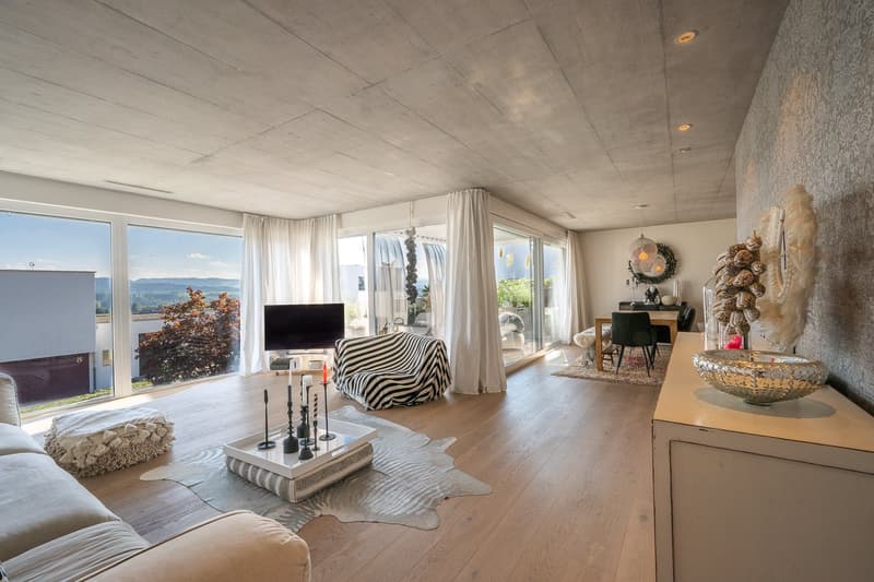 modern living room with large windows, wooden floor, white sofa, coffee table, zebra chair, TV, dining table, chairs, rug, decorative items