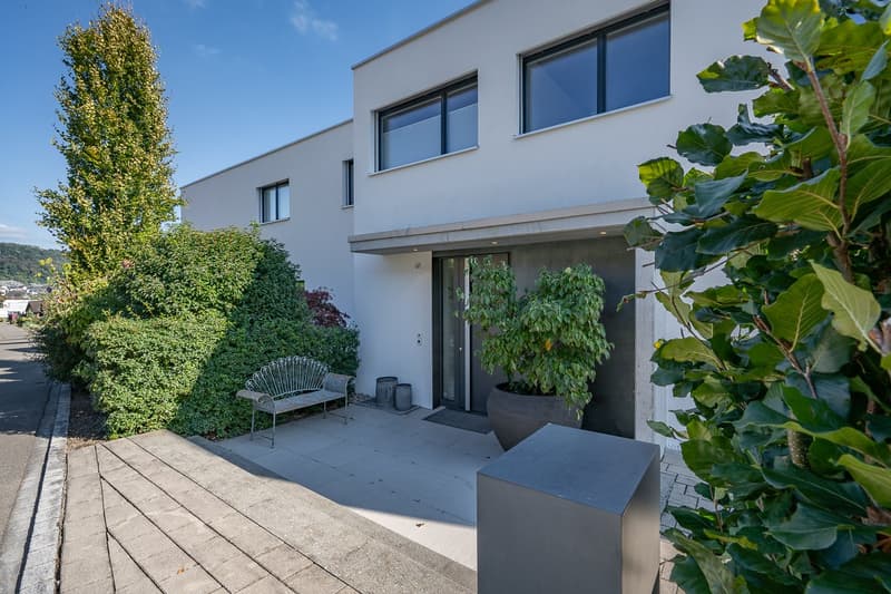 Modern white house, large windows, entrance with bench, potted plants, paved walkway