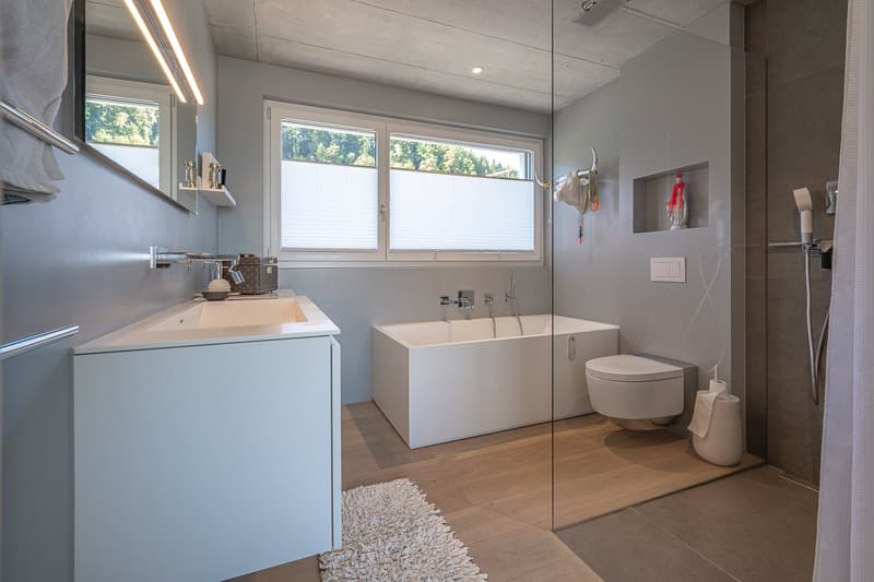 modern bathroom with white bathtub, white sink, white toilet, glass shower enclosure, wooden floor, white rug, mirror, shelves