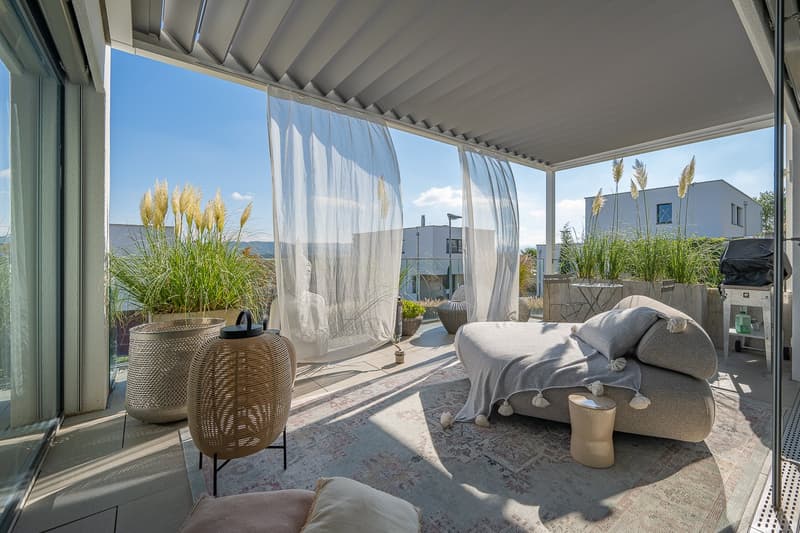 covered terrace with white curtains, large sofa, pillows, rug, plants, outdoor table, view of the city