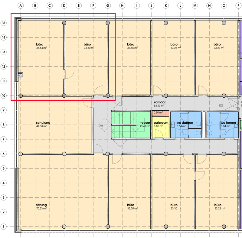offices, meeting room, staircase, changing rooms, women's bathroom, men's bathroom, hallway