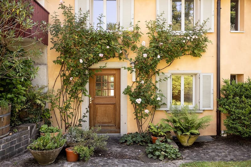 Vom Gartensitzplatz führt ein charmanter Eingangsbereich ins Haus.“
