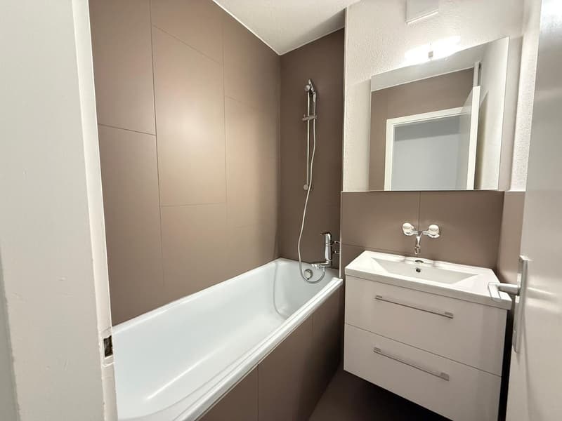 Bathroom with bathtub, sink, mirror, and shower head