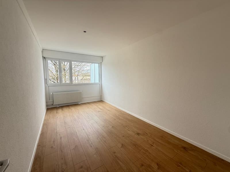Empty room with wooden floor, white walls, large window, white radiator