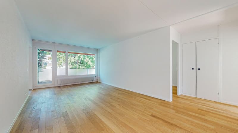 empty room, wooden floor, white walls, large windows, balcony