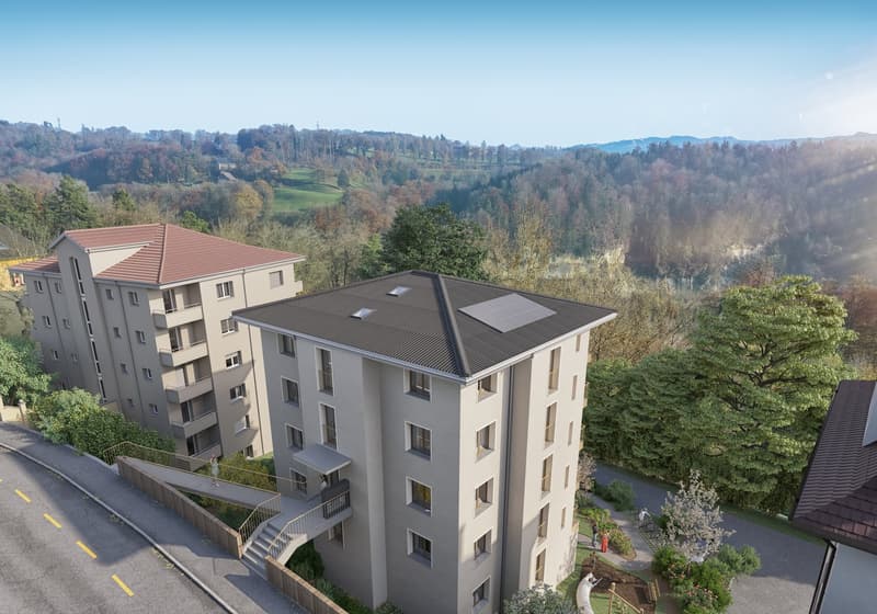 3 story building, gray exterior, multiple windows, solar panels, rooftop view