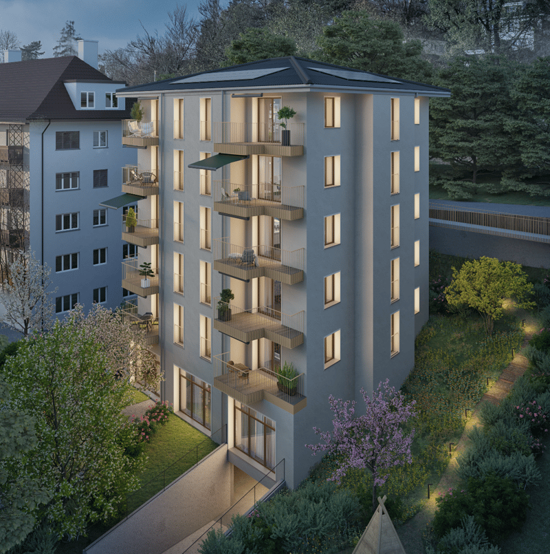 Residential building with 4 floors, balcony on every floor, green garden area, solar panels on the roof, paved entrance