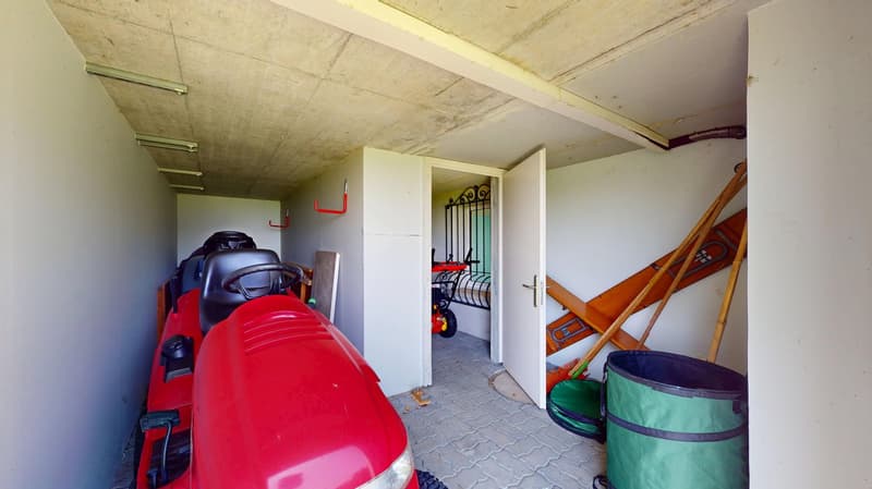 Storage room, red lawn mower, wooden tools