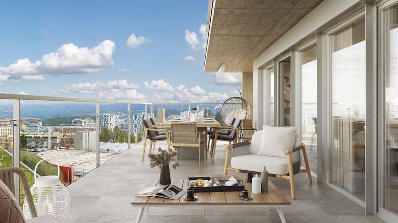 Dining table, chairs, white pillows, table, vase, white bucket, magazine, lamps, city view