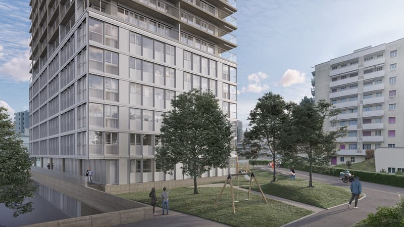 High-rise building with glass windows, modern architecture, greenery, playground, open area with grass