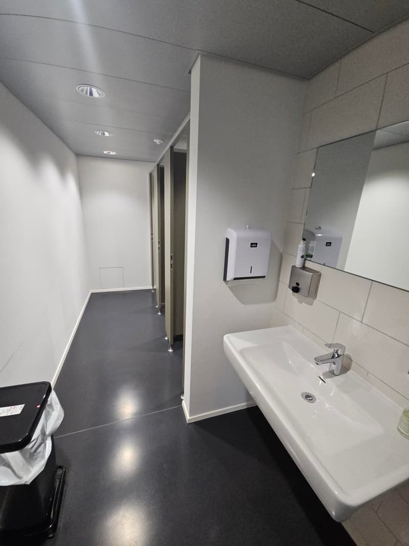 Empty restroom with a sink, a mirror, a tissue dispenser, and three toilets.
