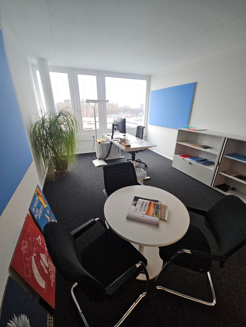 Empty room, windows, 3 chairs, round table, desk, bookshelf, floor lamp, plant