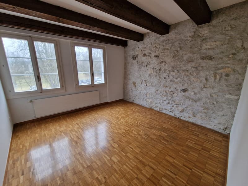 This image shows a spacious room with a rustic, exposed stone wall and wooden beams on the ceiling. The room has large windows that let in natural light, and the floor is made of hardwood parquet. The overall aesthetic is a mix of traditional and modern e