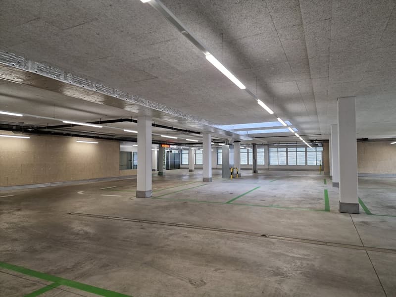 Large open parking garage with concrete floors, white walls, and overhead lighting. Green parking lines are visible on the floor.