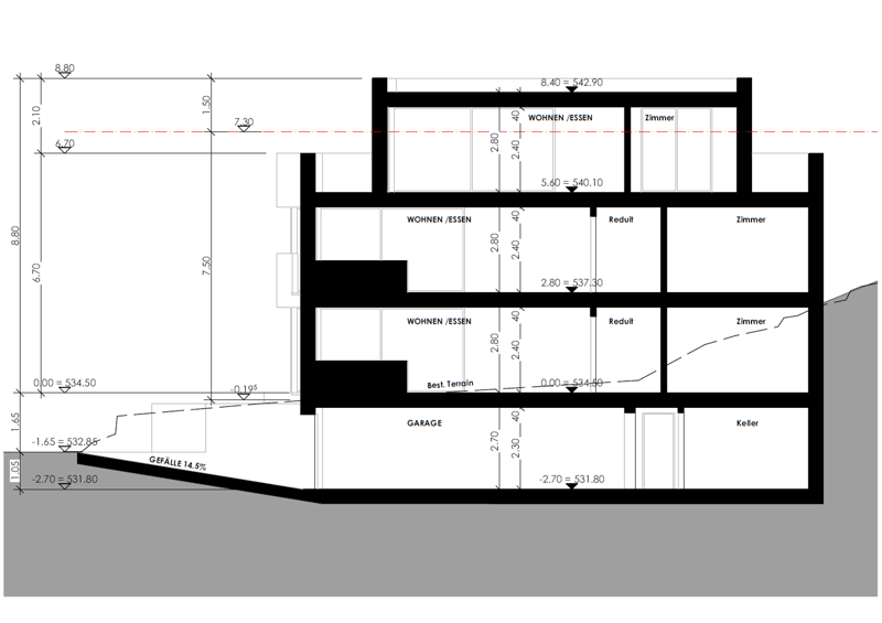 The image shows a floor plan of a residential property. It consists of a living/dining room, three bedrooms, a bathroom, a garage, and a cellar. The dimensions of the rooms and spaces are provided in the plan.