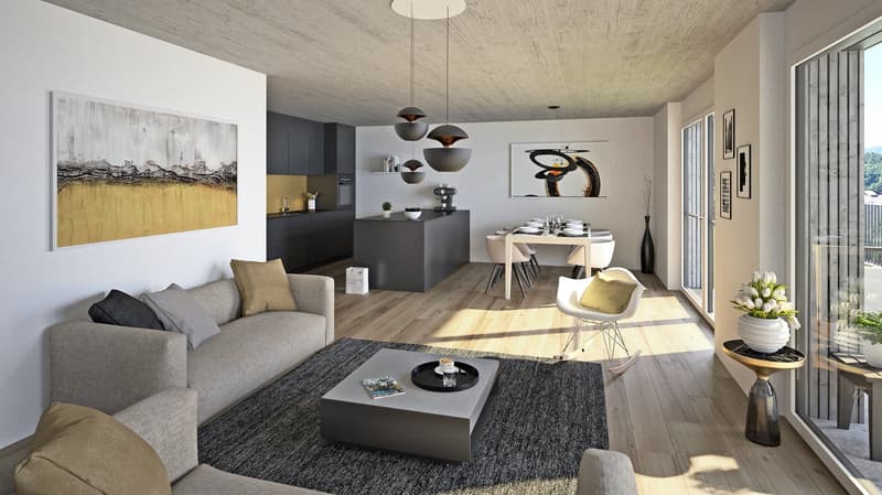 Large living room, modern style, large glass windows, couch, coffee table, dining table and chairs