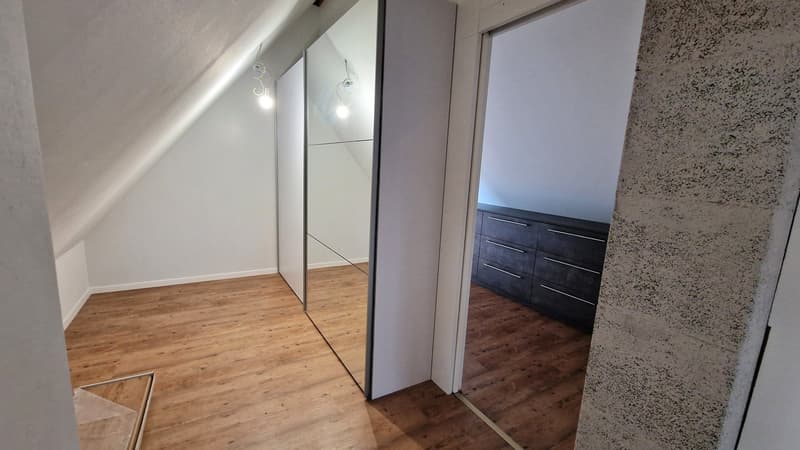 wooden floor, white walls, wardrobe with mirror, two ceiling lights