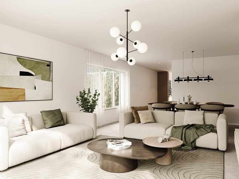 Spacious living room with large windows, white sofas, round wooden coffee table, abstract artwork, and a modern chandelier lighting fixture.
