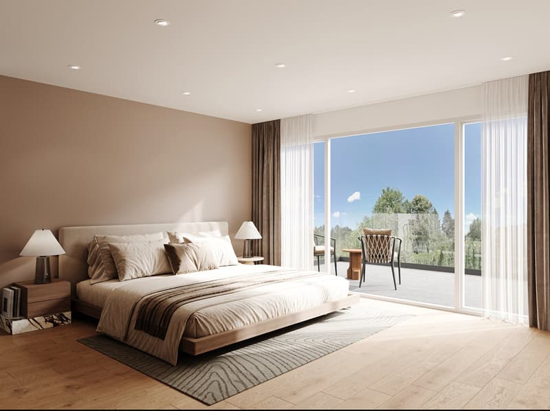 Spacious bedroom with large windows overlooking a balcony, hardwood floors, neutral color scheme, king-size bed, bedside tables, and a chair by the window.