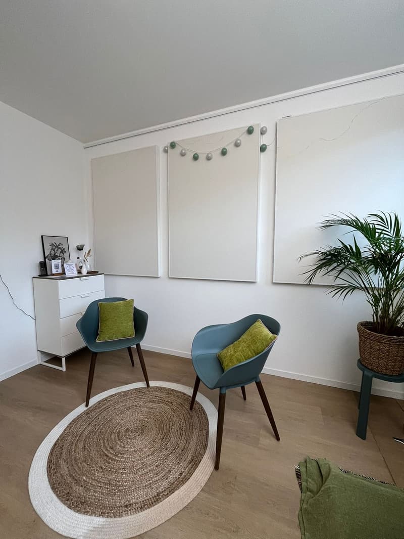 room with two chairs, round rug, white cabinet, plant, three large white boards on wall